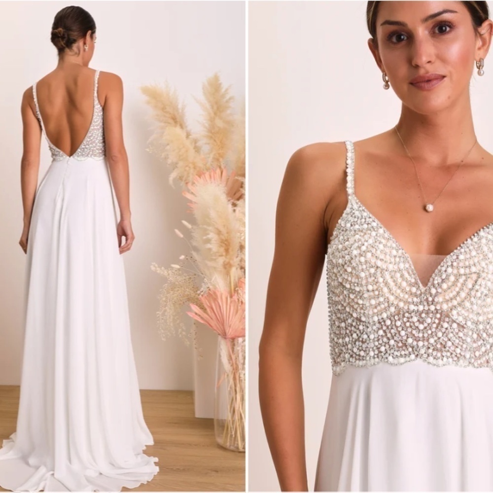 LULU's Stunning Rhinestone Sexy Romantic Flowy Elegant Wedding Gown NWOT - Picture 4 of 9